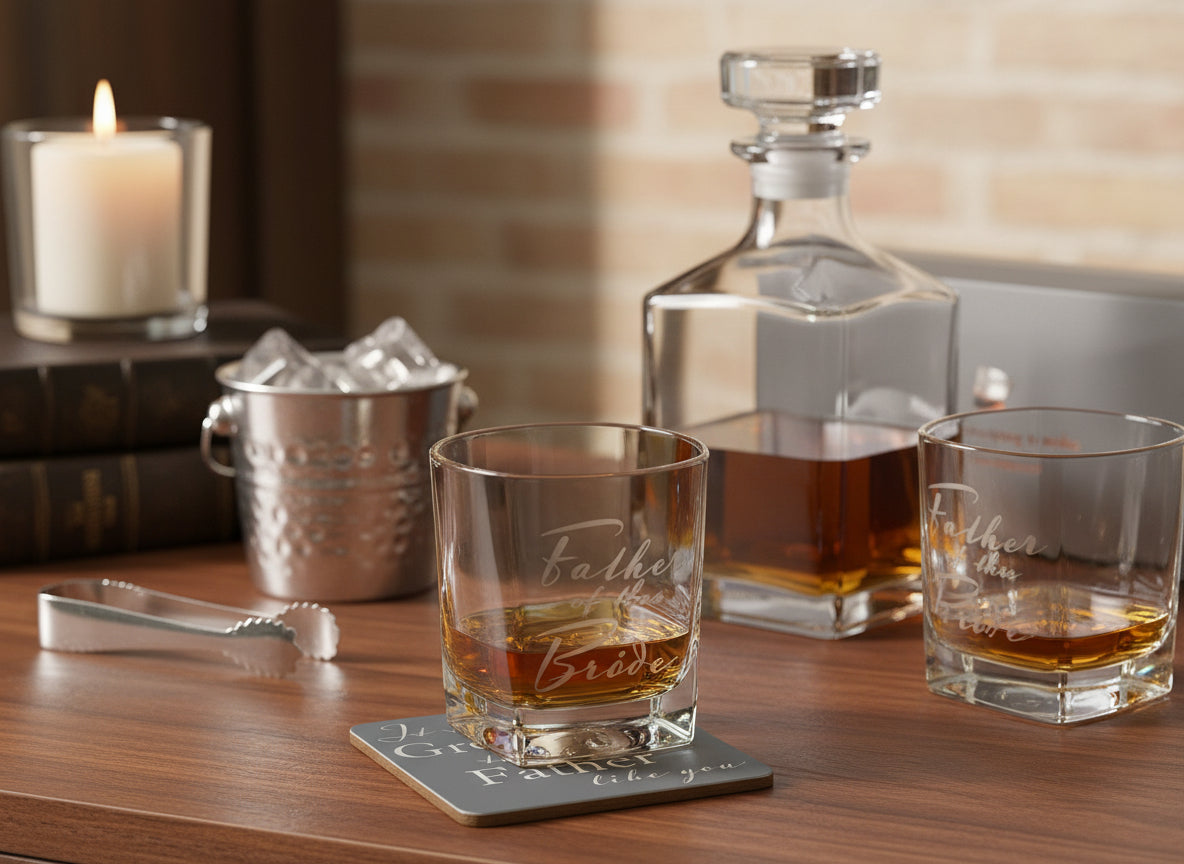 Father of the Bride Gift Set Glass and Coaster With Silver Inscription Personalised Whiskey Glass ukgiftstoreonline