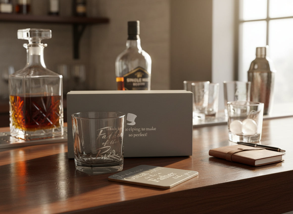 Father of the Bride Gift Set Glass and Coaster With Silver Inscription Personalised Whiskey Glass ukgiftstoreonline