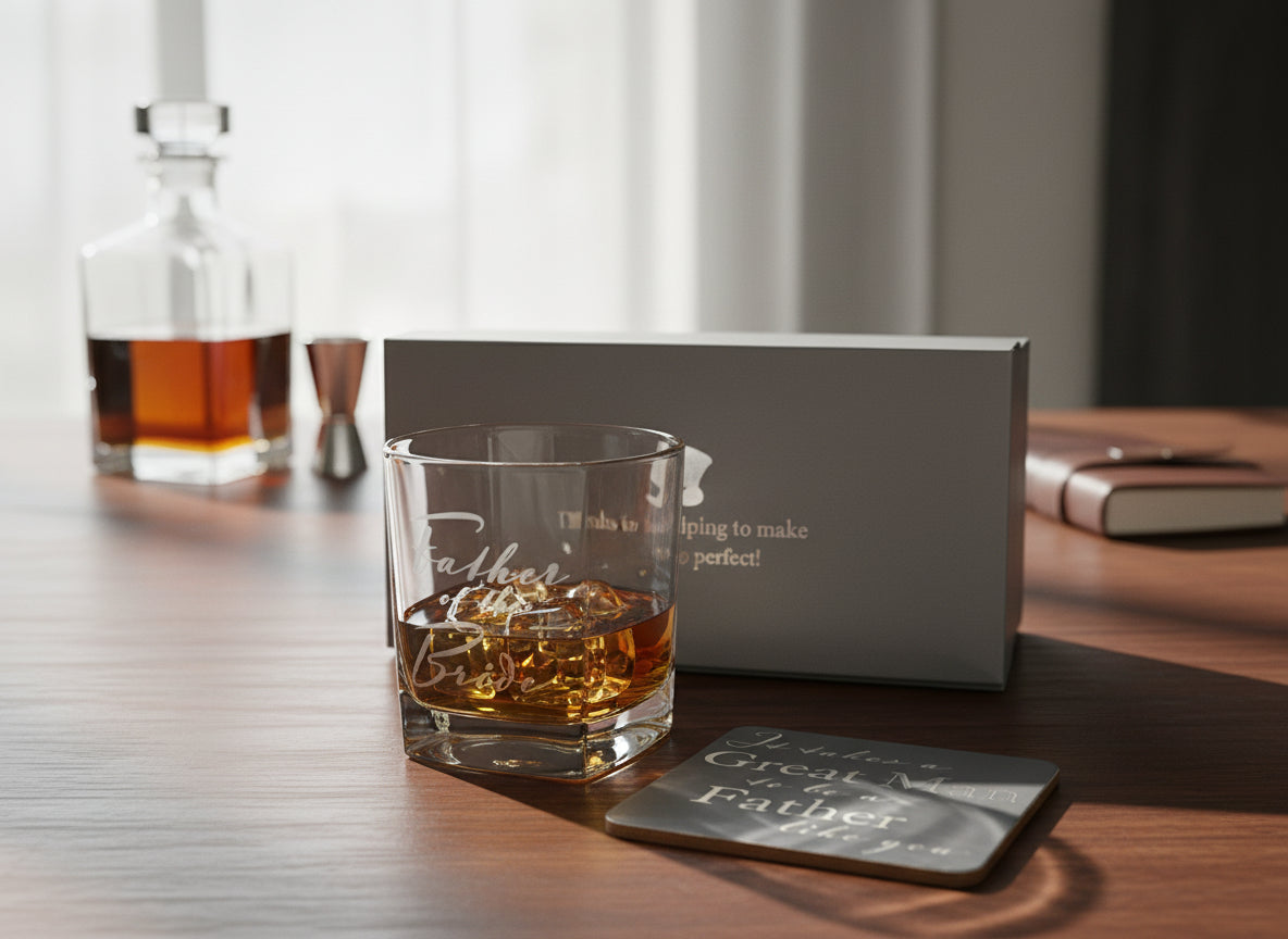 Father of the Bride Gift Set Glass and Coaster With Silver Inscription Personalised Whiskey Glass ukgiftstoreonline