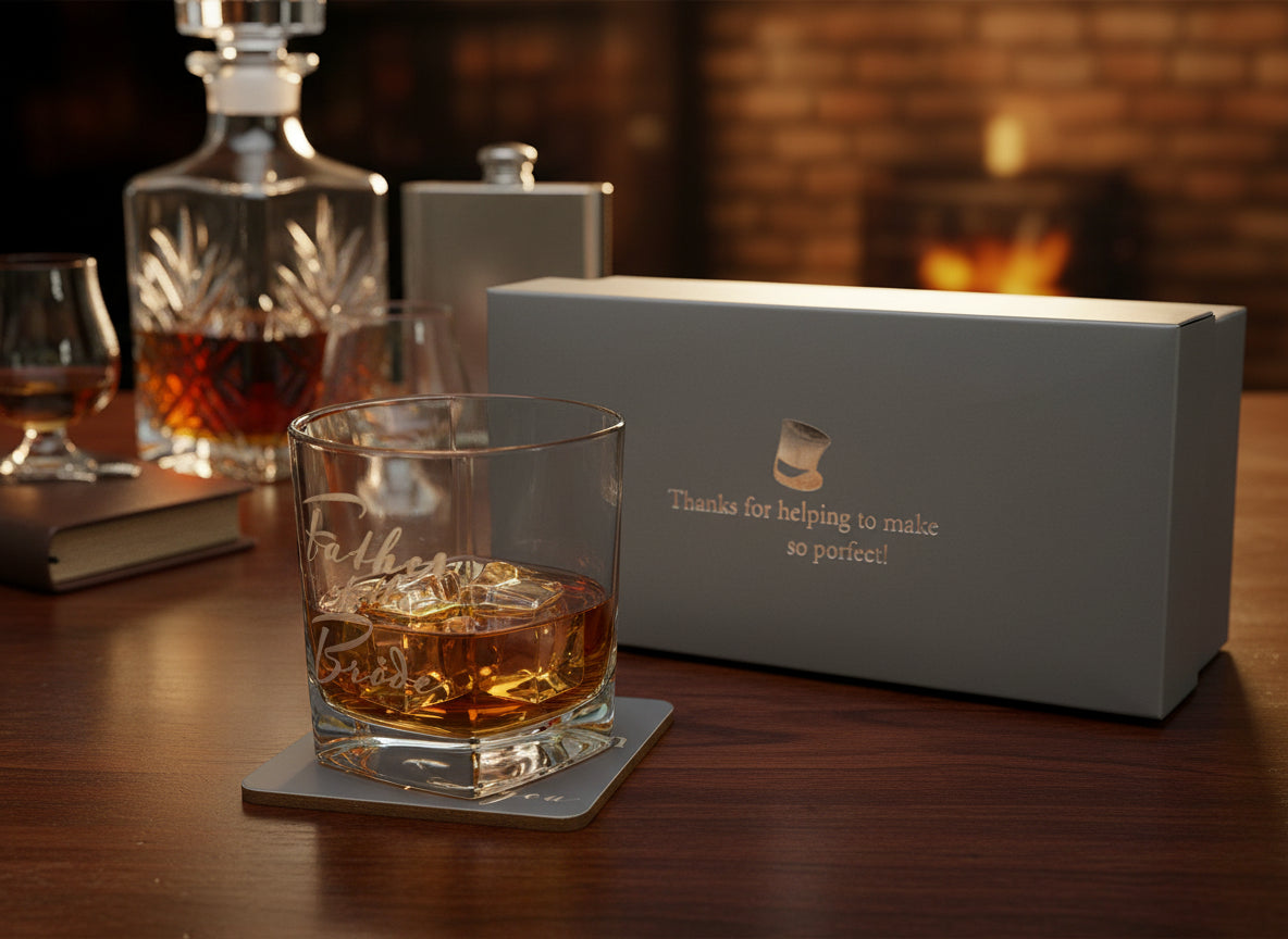 Father of the Bride Gift Set Glass and Coaster With Silver Inscription Personalised Whiskey Glass ukgiftstoreonline