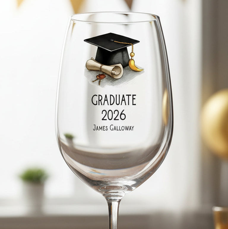 Graduation-themed wine glass with cap, gown, and scroll design on a wooden surface.
