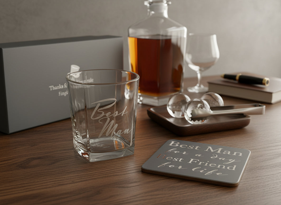 Best Man Gift Set Glass and Coaster With Silver Inscription Personalised Whiskey Glass ukgiftstoreonline