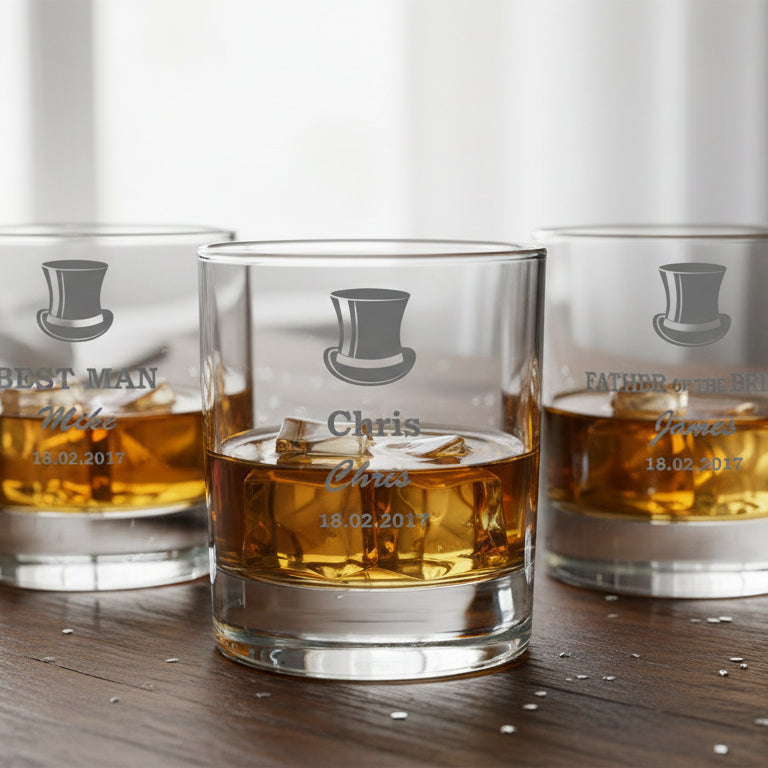 Four whiskey glasses with branding on a wooden surface