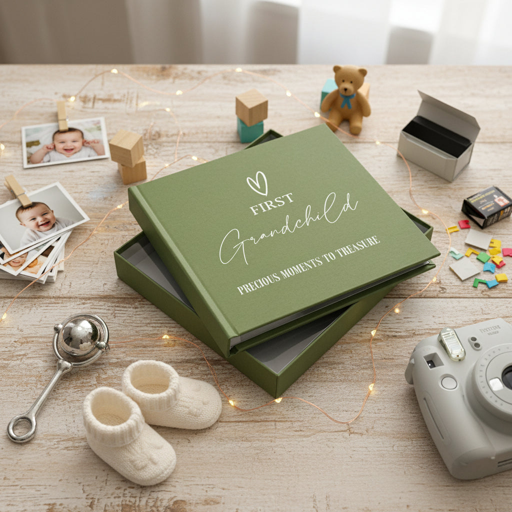 First Grandchild Memories Olive Green Photo Picture Album Holds 50 x 6"x4" Photo album ukgiftstoreonline