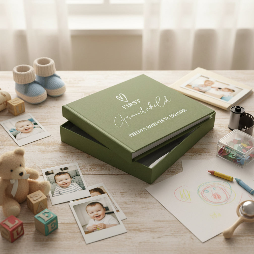 First Grandchild Memories Olive Green Photo Picture Album Holds 50 x 6"x4" Photo album ukgiftstoreonline