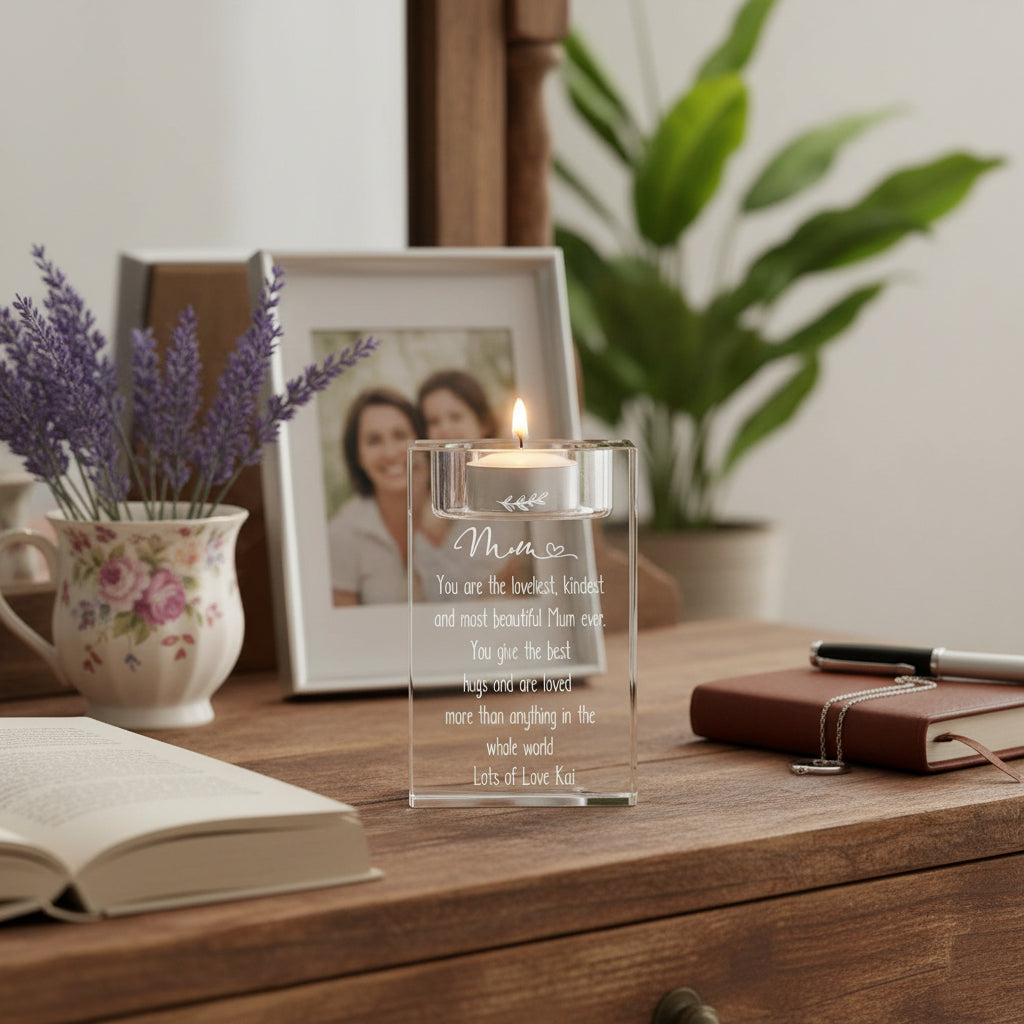 Personalised Mum Engraved Crystal Glass Tea Light Candle Holder With Sentiment Tea Light Holder ukgiftstoreonline