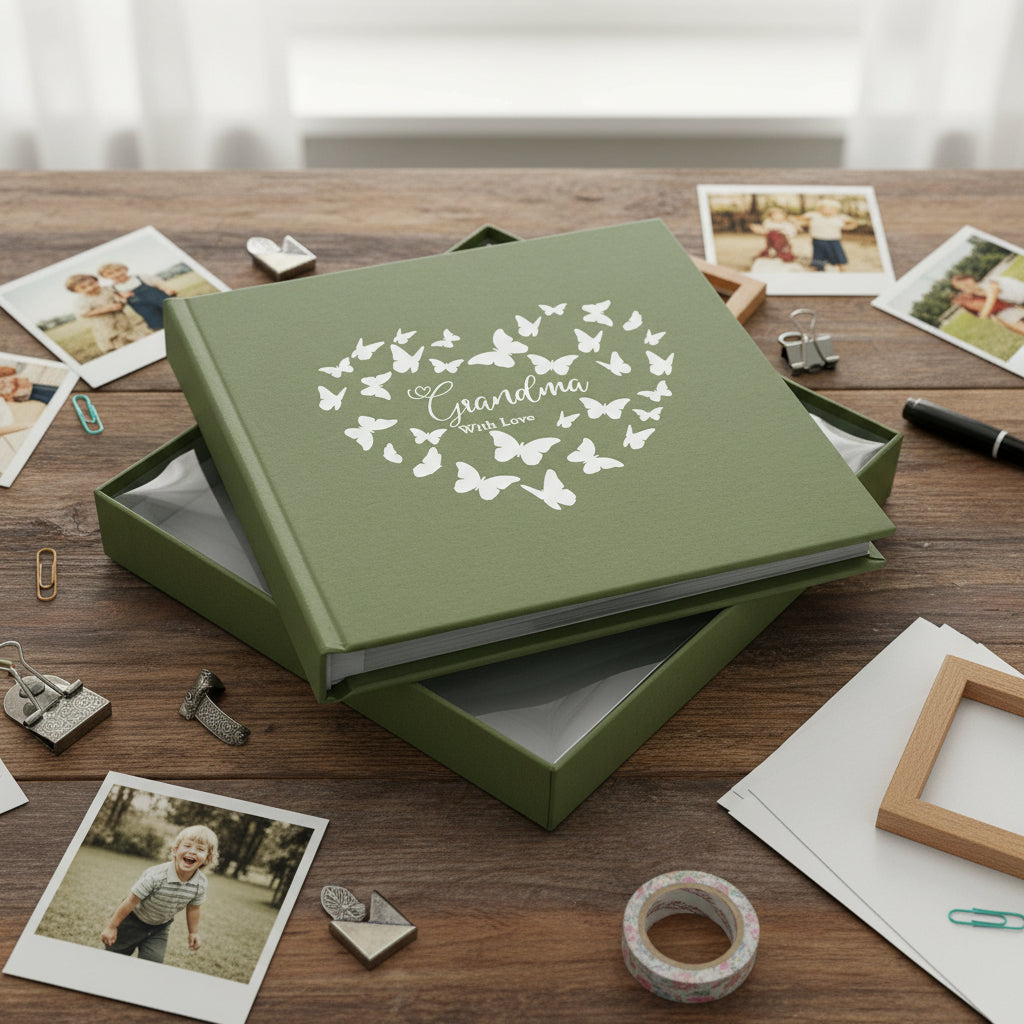Grandma with love Olive Green Photo Album Gift With Butterflies 50 x 6" x 4" Capacity Grandma Photo Album ukgiftstoreonline