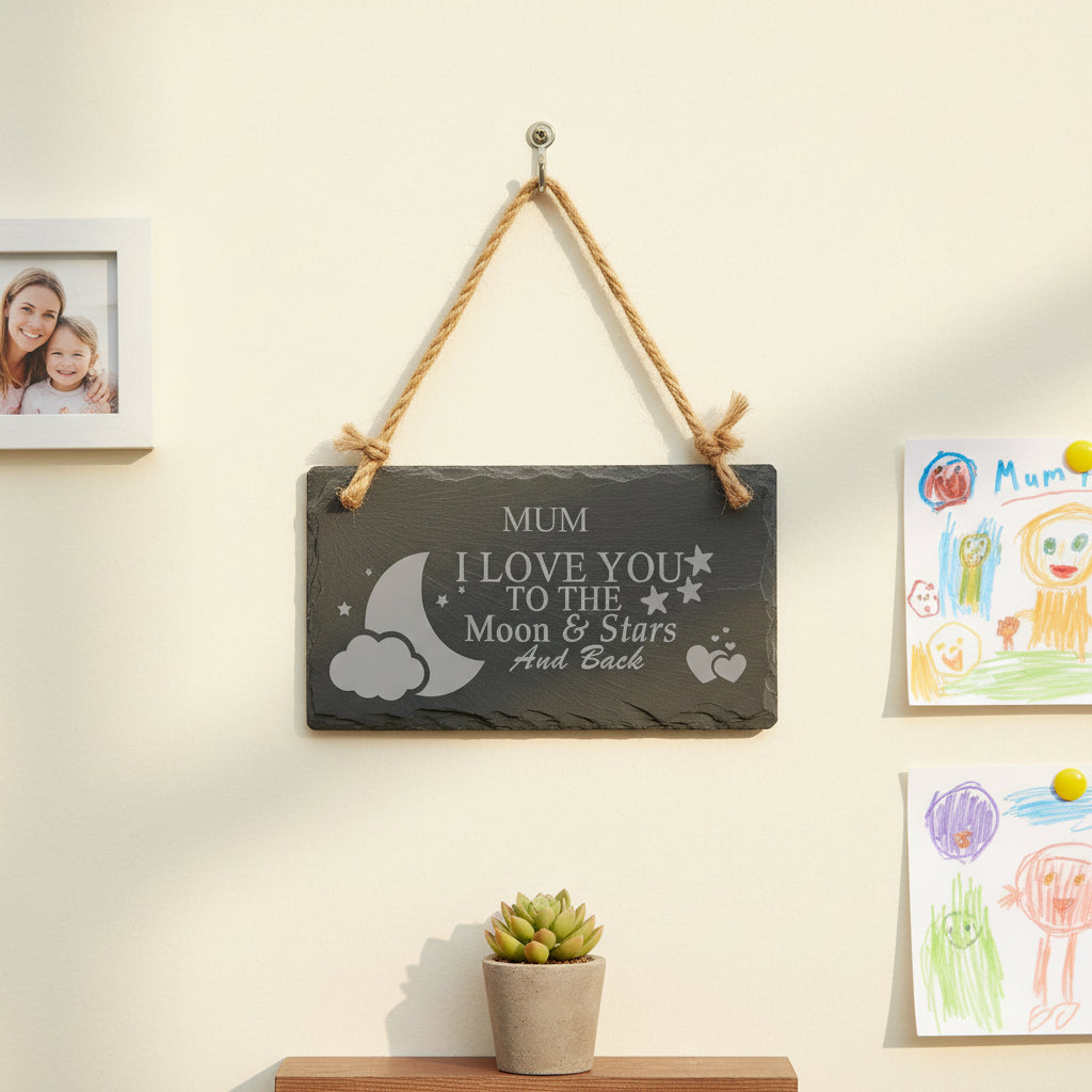 Mum I Love You To The Moon and Back Engraved Stone Slate Plaque Personalised Slates ukgiftstoreonline