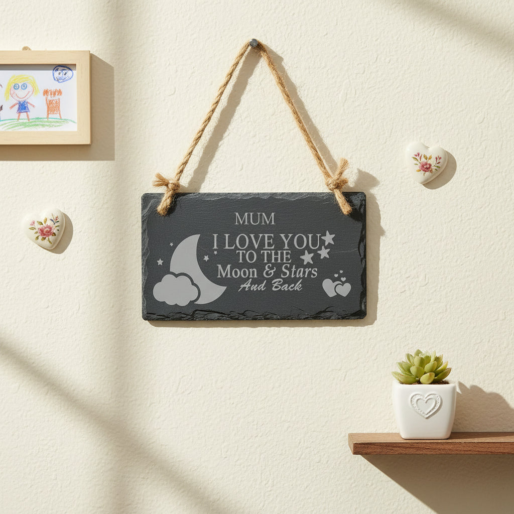 Mum I Love You To The Moon and Back Engraved Stone Slate Plaque Personalised Slates ukgiftstoreonline