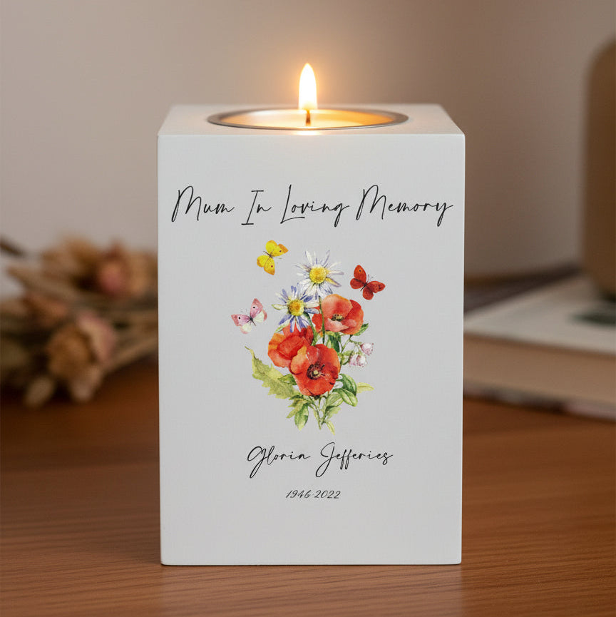 Personalised Mum Remembrance Memorial Tea Light Butterflies & Flowers Tea Light Holder ukgiftstoreonline