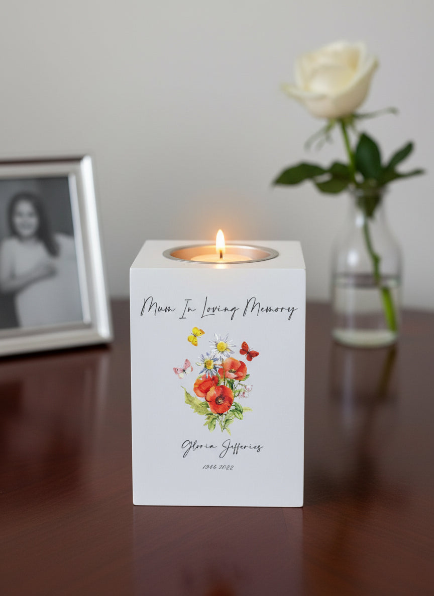 Personalised Mum Remembrance Memorial Tea Light Butterflies & Flowers Tea Light Holder ukgiftstoreonline