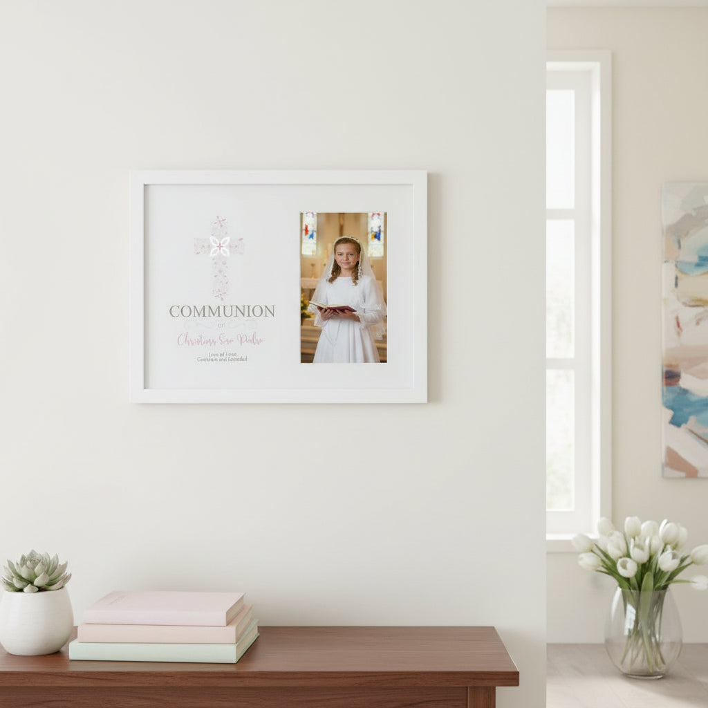Personalised First Holy Communion Pink Ornate Cross Design Photo Frame Communion Photo Frame ukgiftstoreonline