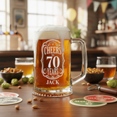 Personalised Cheers To Beer Glass Engraved For 70th Birthday With Custom Name