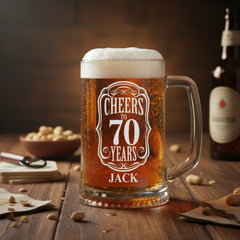 Personalised Cheers To Beer Glass Engraved For 70th Birthday With Custom Name