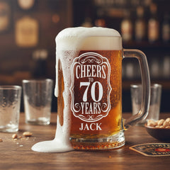 Personalised Cheers To Beer Glass Engraved For 70th Birthday With Custom Name