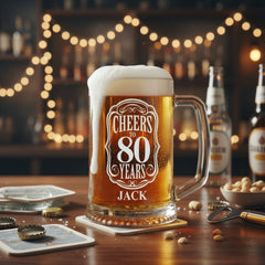 Personalised Cheers To Beer Glass Engraved For 80th Birthday With Custom Name