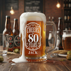 Personalised Cheers To Beer Glass Engraved For 80th Birthday With Custom Name