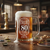 Personalised Cheers To Beer Glass Engraved For 80th Birthday With Custom Name