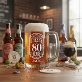 Personalised Cheers To Beer Glass Engraved For 80th Birthday With Custom Name