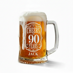 Personalised Cheers To Beer Glass Engraved For 90th Birthday With Custom Name personalised beer glasses ukgiftstoreonline