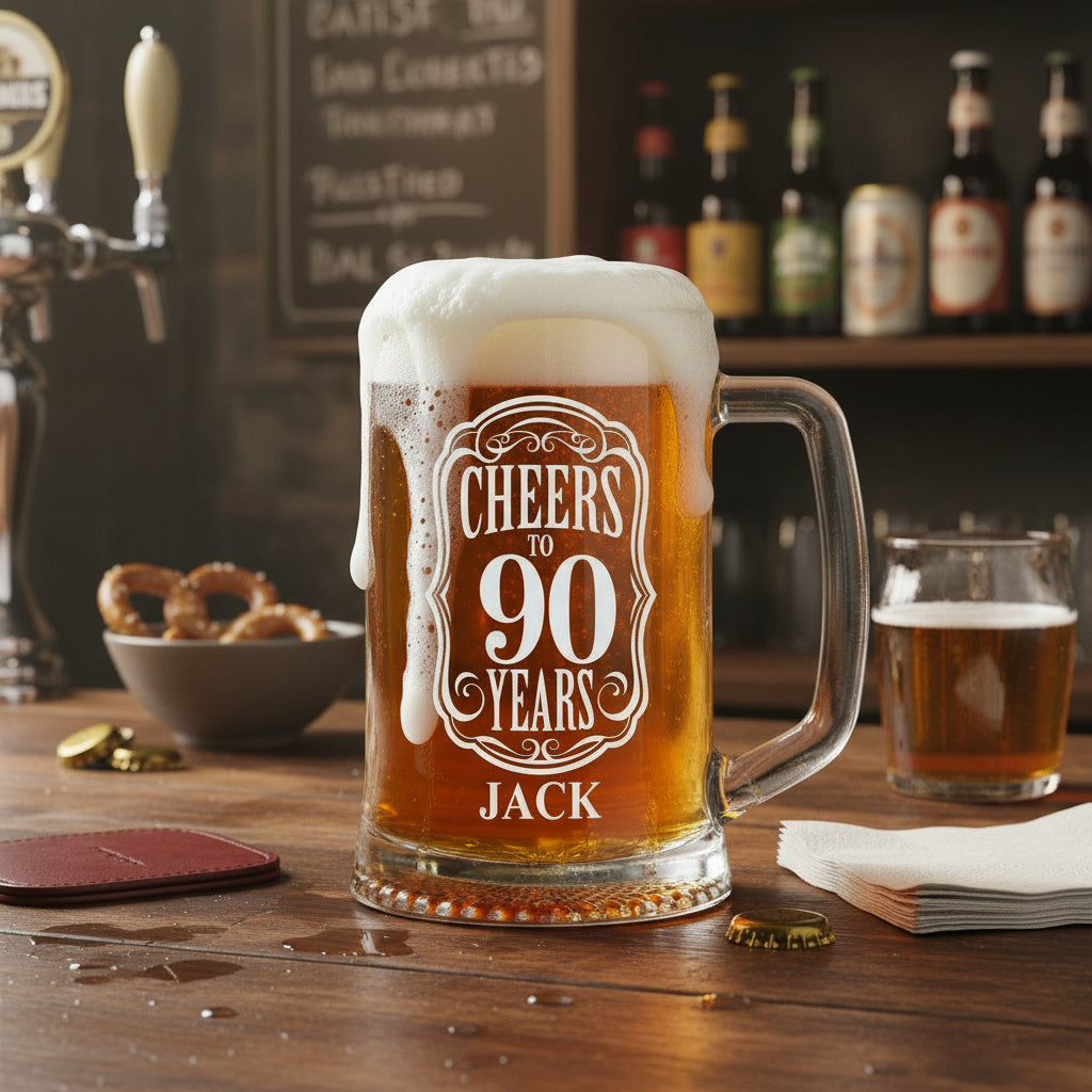 Personalised Cheers To Beer Glass Engraved For 90th Birthday With Custom Name personalised beer glasses ukgiftstoreonline