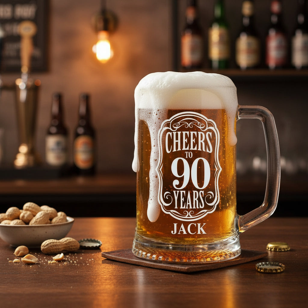 Personalised Cheers To Beer Glass Engraved For 90th Birthday With Custom Name personalised beer glasses ukgiftstoreonline