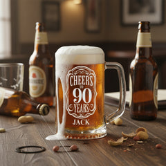 Personalised Cheers To Beer Glass Engraved For 90th Birthday With Custom Name personalised beer glasses ukgiftstoreonline