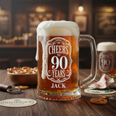 Personalised Cheers To Beer Glass Engraved For 90th Birthday With Custom Name personalised beer glasses ukgiftstoreonline