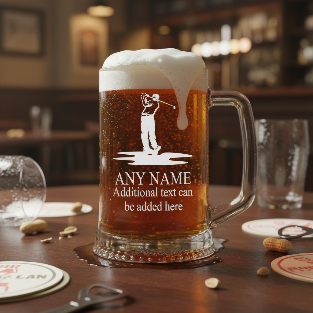 Personalised Engraved Pint Glass Beer Tankard Sports Award Golf Theme personalised beer glasses ukgiftstoreonline