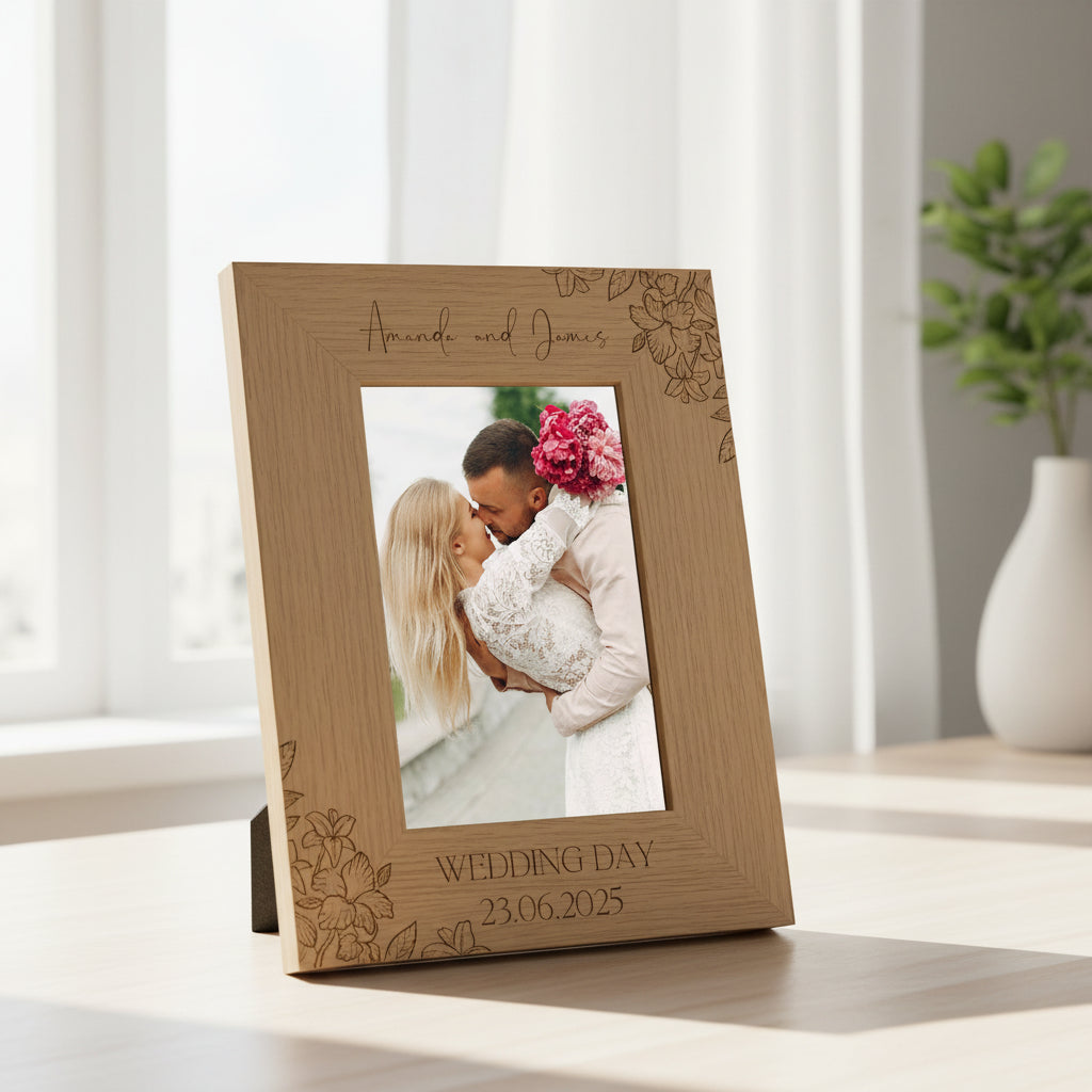 Personalised Wooden Engraved Photo Frames Wedding Any Message Multiple Sizes With Orchid Flowers Photo Frame ukgiftstoreonline
