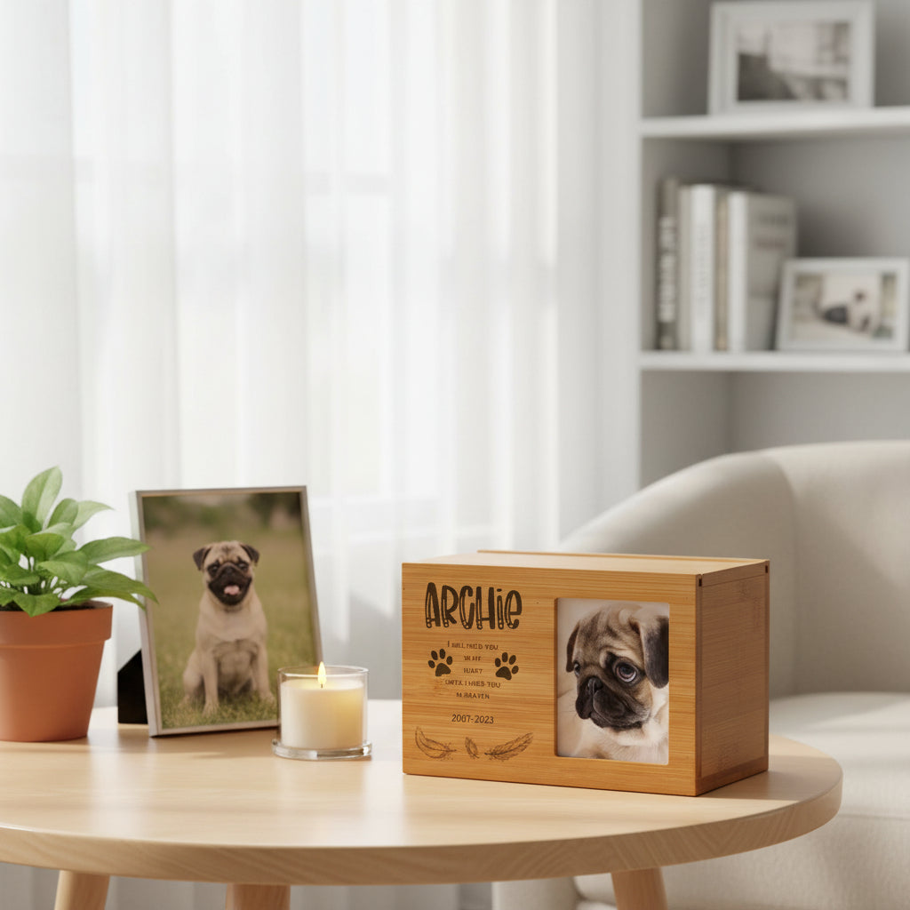 Personalised Wooden Dog Memorial Cremation Urn with Photo Heaven Quote Pet urn ukgiftstoreonline