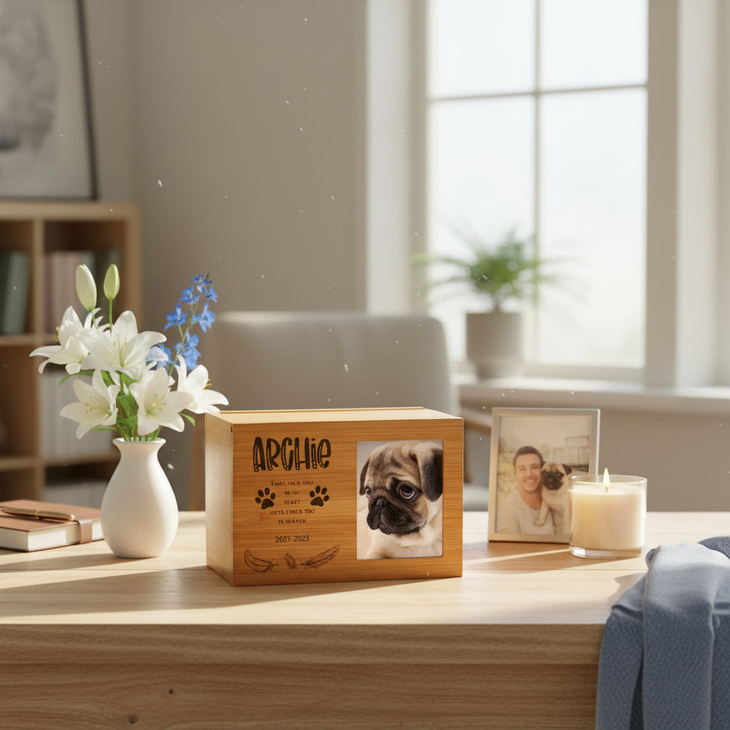 Personalised Wooden Dog Memorial Cremation Urn with Photo Heaven Quote Pet urn ukgiftstoreonline