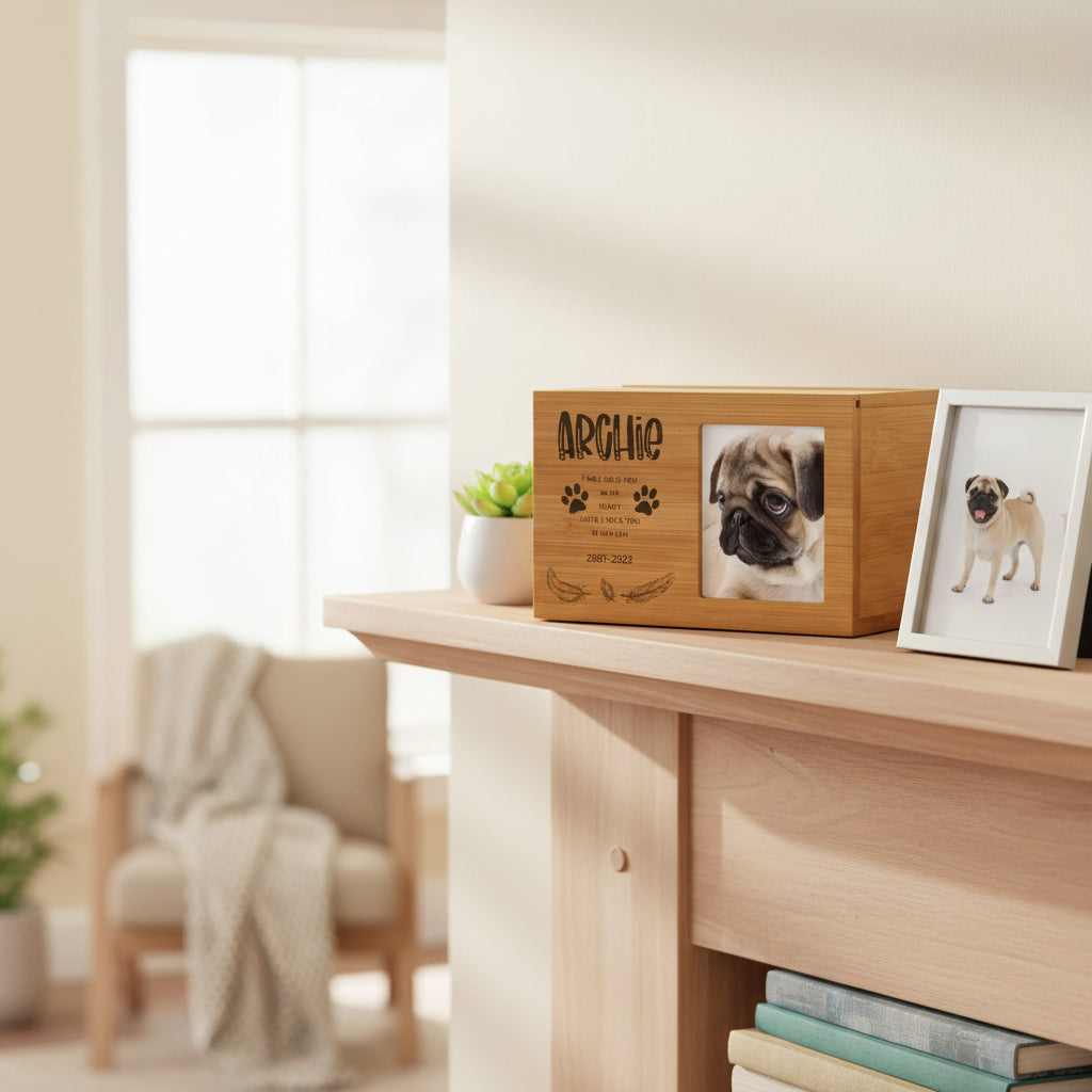 Personalised Wooden Dog Memorial Cremation Urn with Photo Heaven Quote Pet urn ukgiftstoreonline