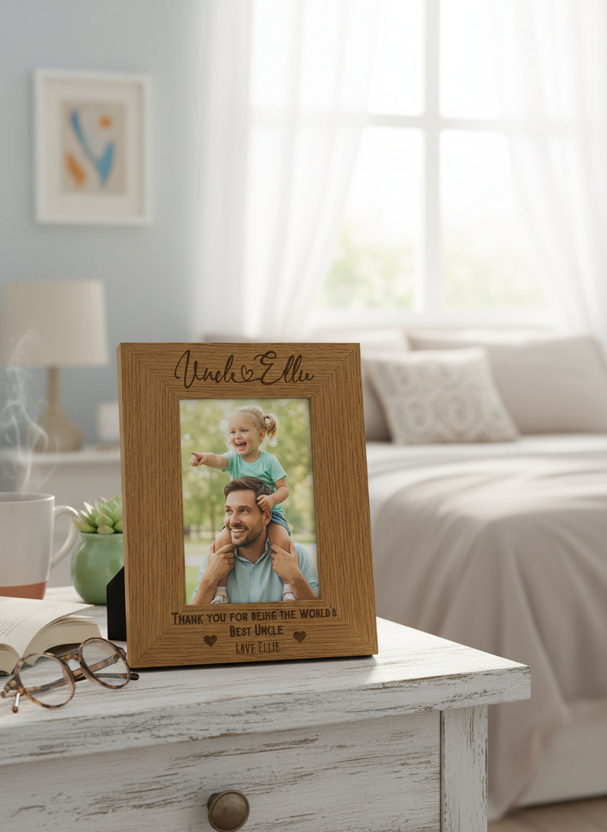 Personalised Best Uncle With Name Engraved Wooden Portrait Photo Frame Gift personalised photo frames ukgiftstoreonline