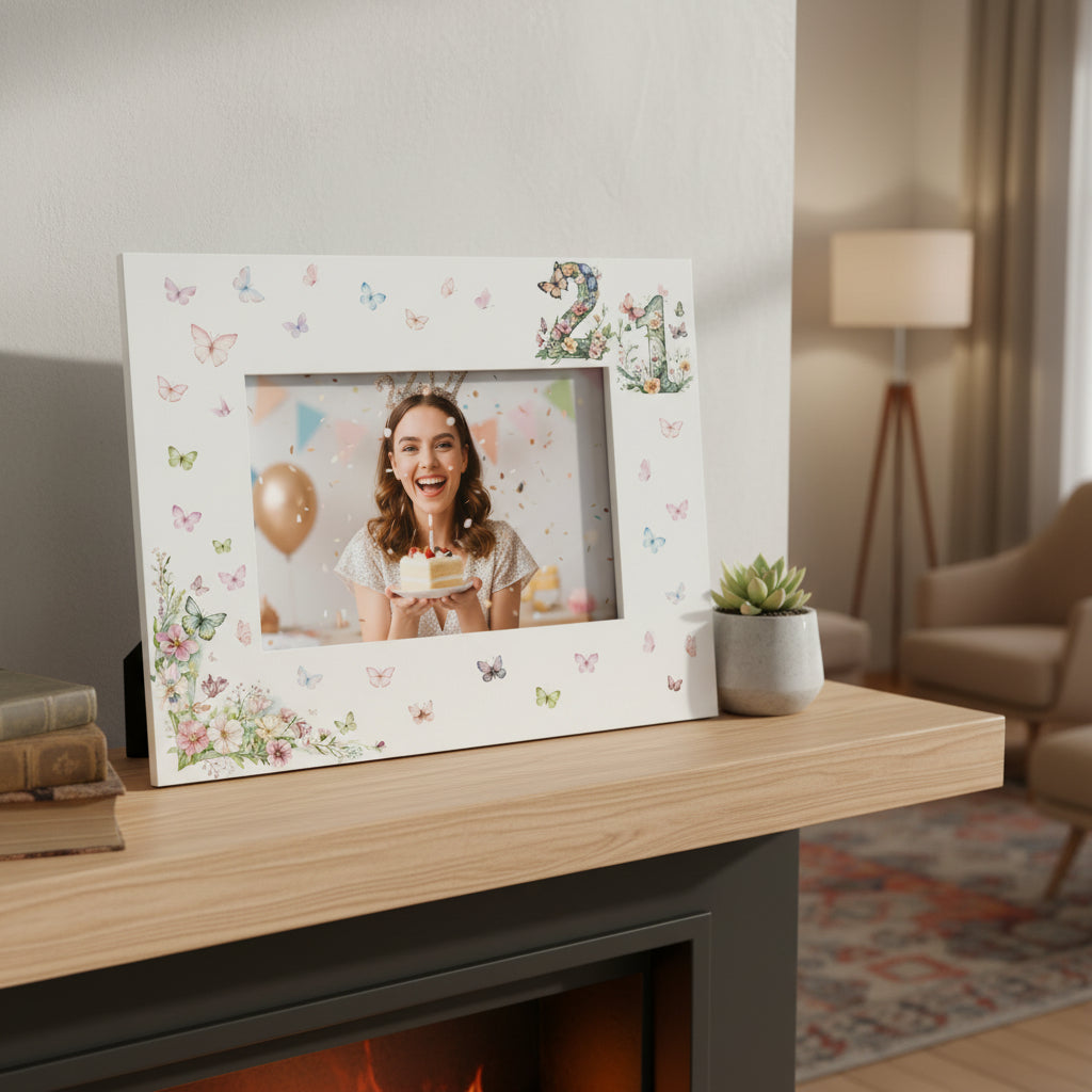 21st Birthday Photo Picture Frame Gift For Her With Butterflies and Flowers Photo Frame ukgiftstoreonline