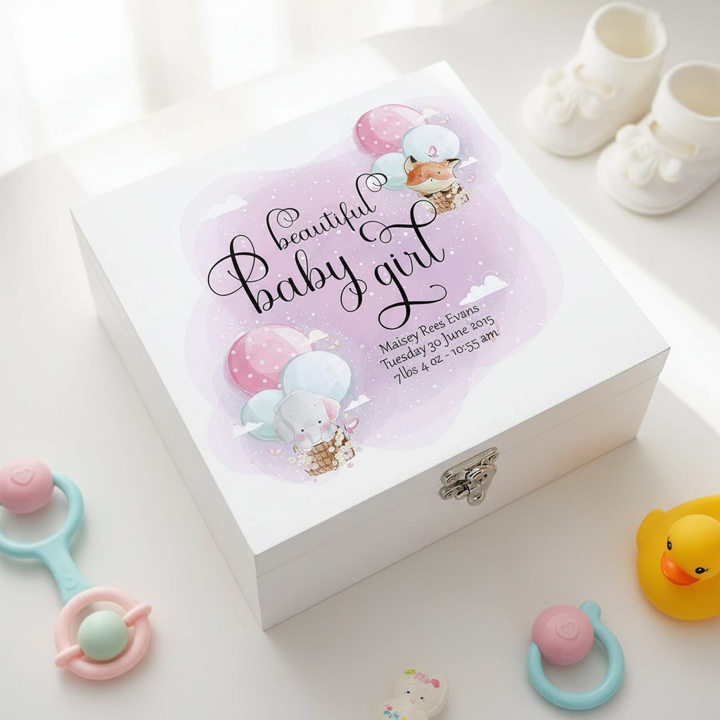 Personalised Baby Girl Keepsake Wooden Box Gift With Balloons Keepsake Boxes ukgiftstoreonline