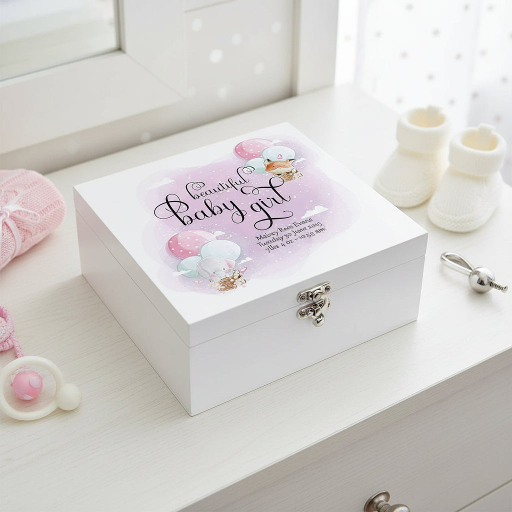 Personalised Baby Girl Keepsake Wooden Box Gift With Balloons Keepsake Boxes ukgiftstoreonline