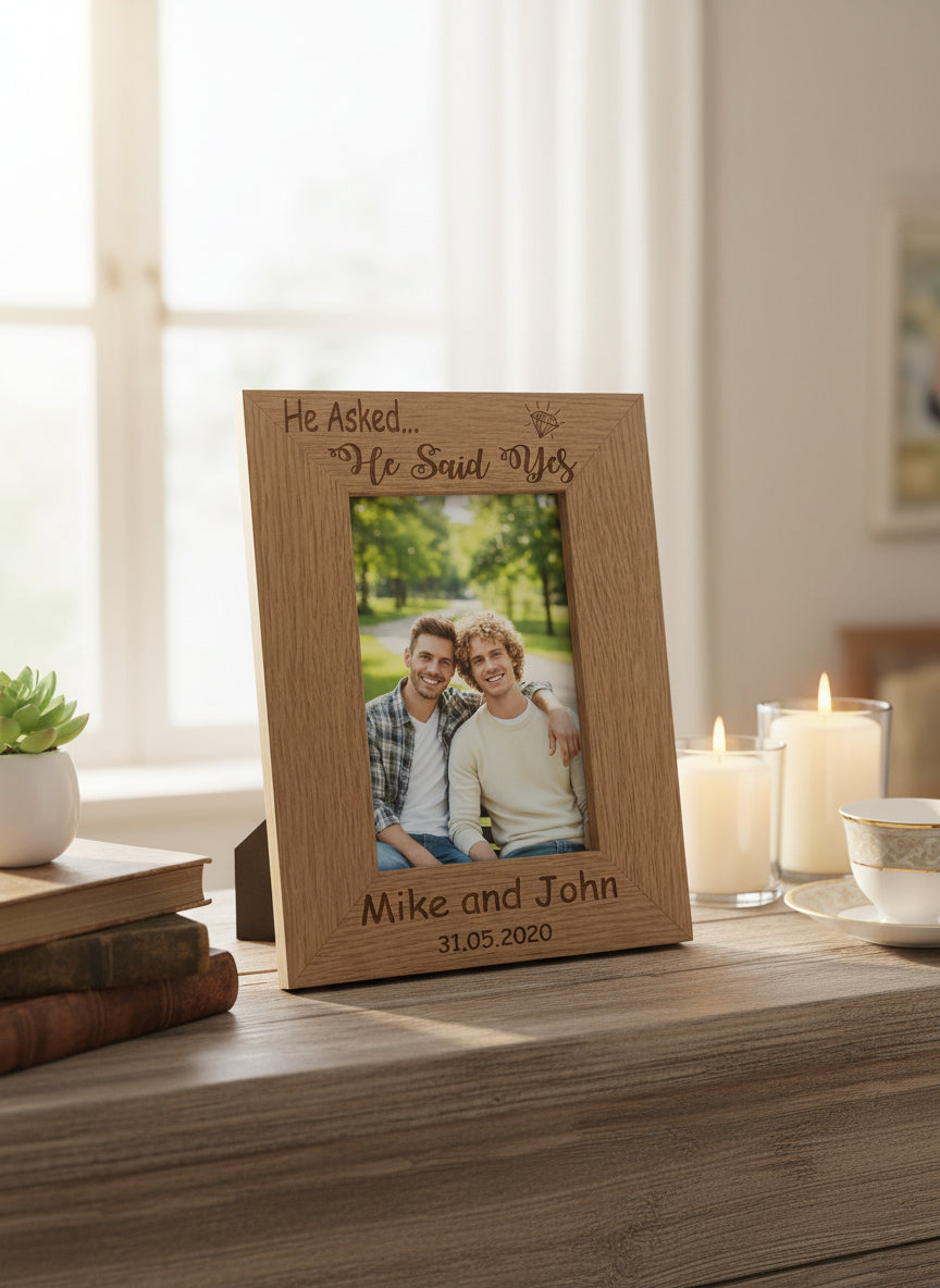 Personalised Gay Couple Engagement Photo Frame gift Wooden Engraved Personalised Engagement Gift ukgiftstoreonline