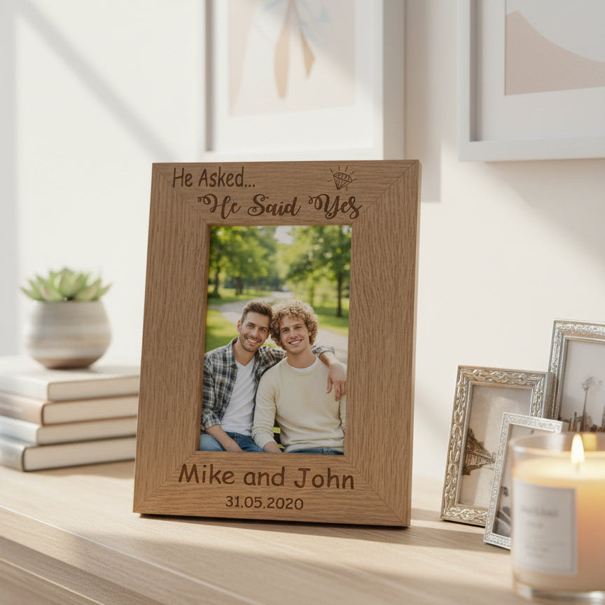 Personalised Gay Couple Engagement Photo Frame gift Wooden Engraved Personalised Engagement Gift ukgiftstoreonline