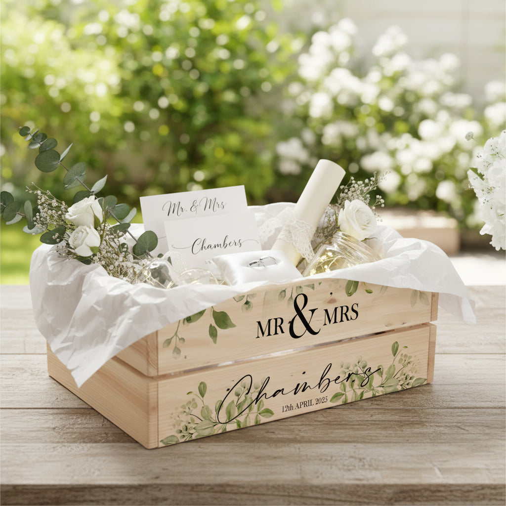 Personalised Green Leaf Wedding Crate, Wooden Crate, Wedding Hamper Decor Mr and Mrs Wedding Gift storage crate ukgiftstoreonline