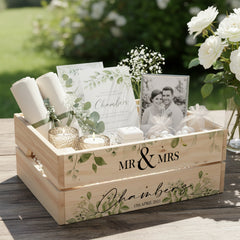 Personalised Green Leaf Wedding Crate, Wooden Crate, Wedding Hamper Decor Mr and Mrs Wedding Gift storage crate ukgiftstoreonline