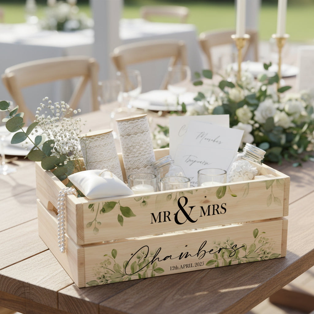 Personalised Green Leaf Wedding Crate, Wooden Crate, Wedding Hamper Decor Mr and Mrs Wedding Gift storage crate ukgiftstoreonline