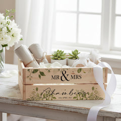 Personalised Green Leaf Wedding Crate, Wooden Crate, Wedding Hamper Decor Mr and Mrs Wedding Gift storage crate ukgiftstoreonline