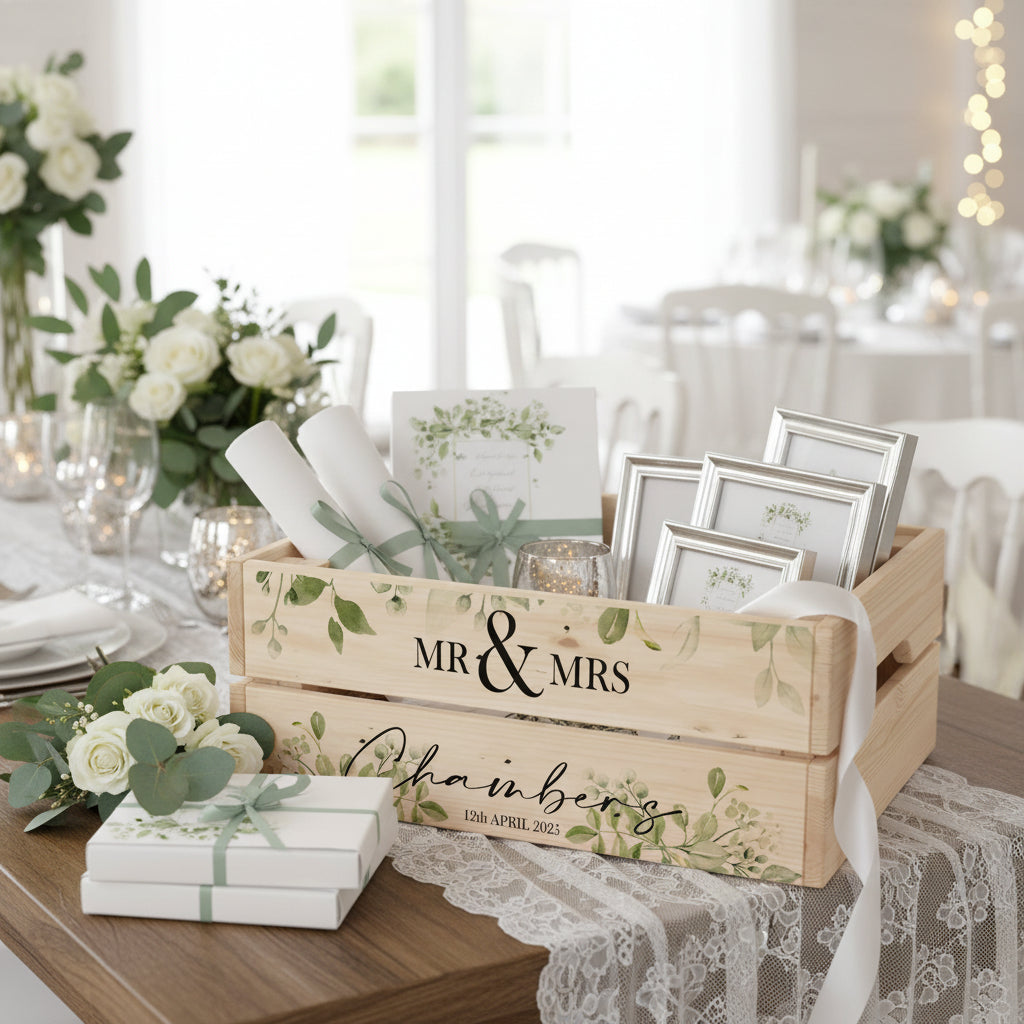 Personalised Green Leaf Wedding Crate, Wooden Crate, Wedding Hamper Decor Mr and Mrs Wedding Gift storage crate ukgiftstoreonline