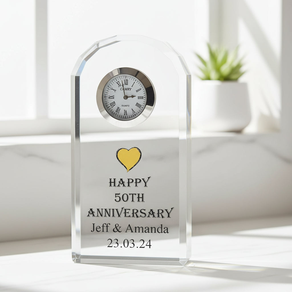 Personalised 50th Golden Wedding Anniversary Crystal Glass Clock In Silk Lined Gift Box Personalised Crystal Glass ukgiftstoreonline