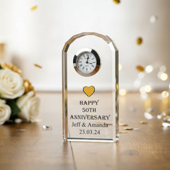 Personalised 50th Golden Wedding Anniversary Crystal Glass Clock In Silk Lined Gift Box Personalised Crystal Glass ukgiftstoreonline