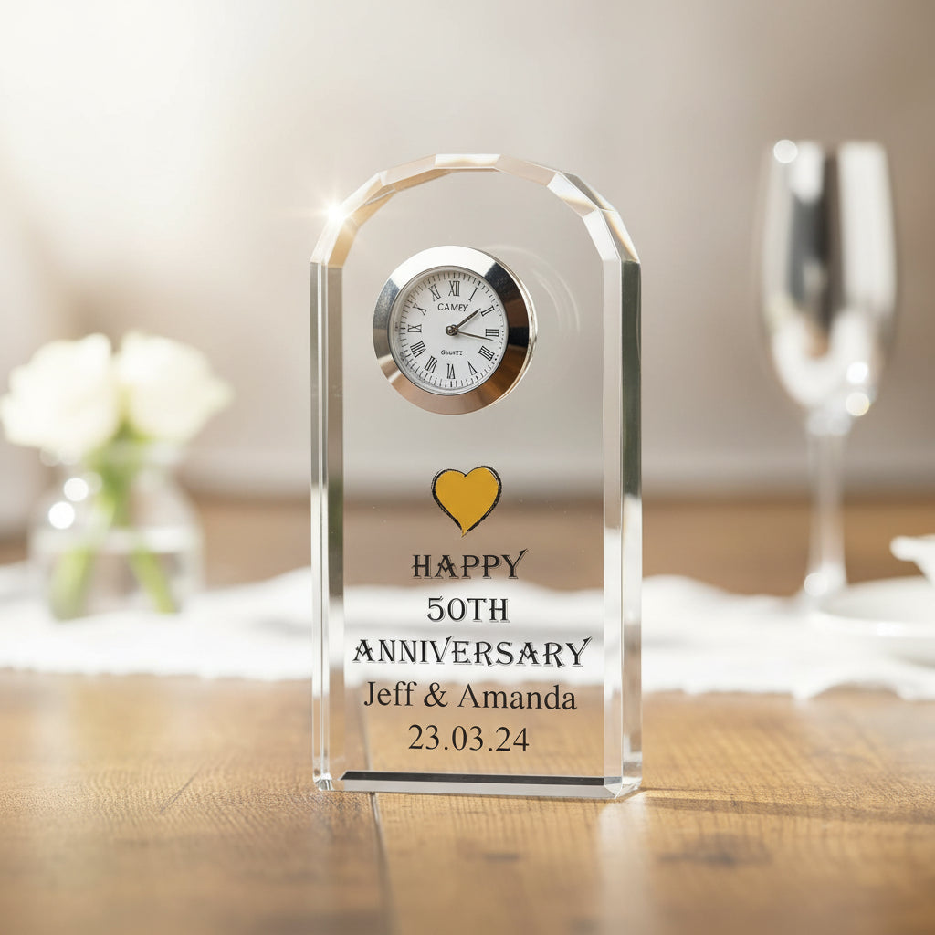 Personalised 50th Golden Wedding Anniversary Crystal Glass Clock In Silk Lined Gift Box Personalised Crystal Glass ukgiftstoreonline