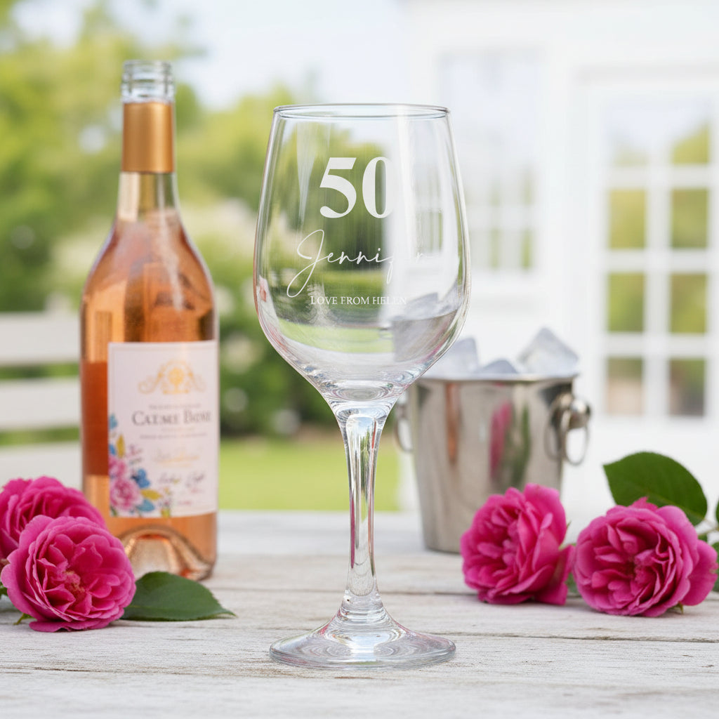 Personalised 50th Birthday Engraved Wine Glass Gift Name & Sentiment Personalised Wine Glasses ukgiftstoreonline