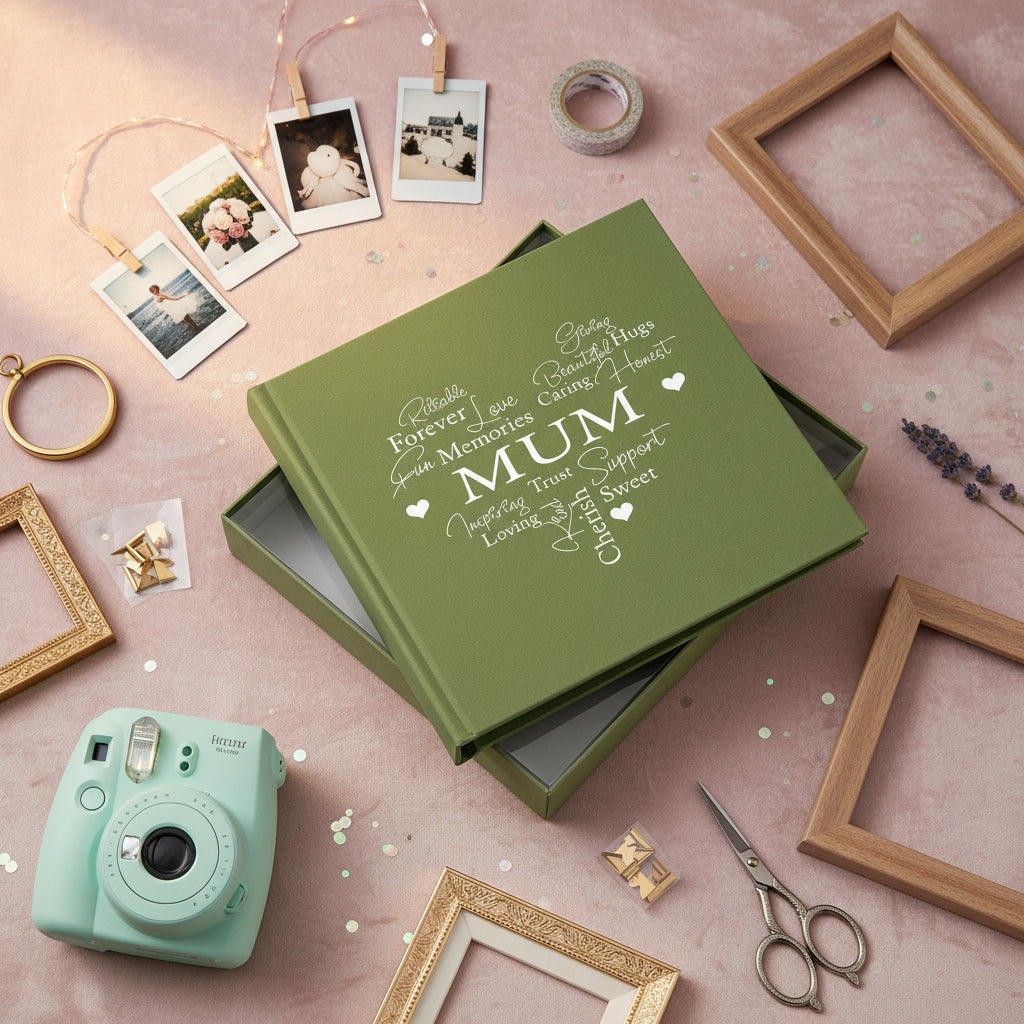Mum Word Heart Olive Green Photo Picture Album Holds 50 x 6"x4" Mum Photo Album ukgiftstoreonline