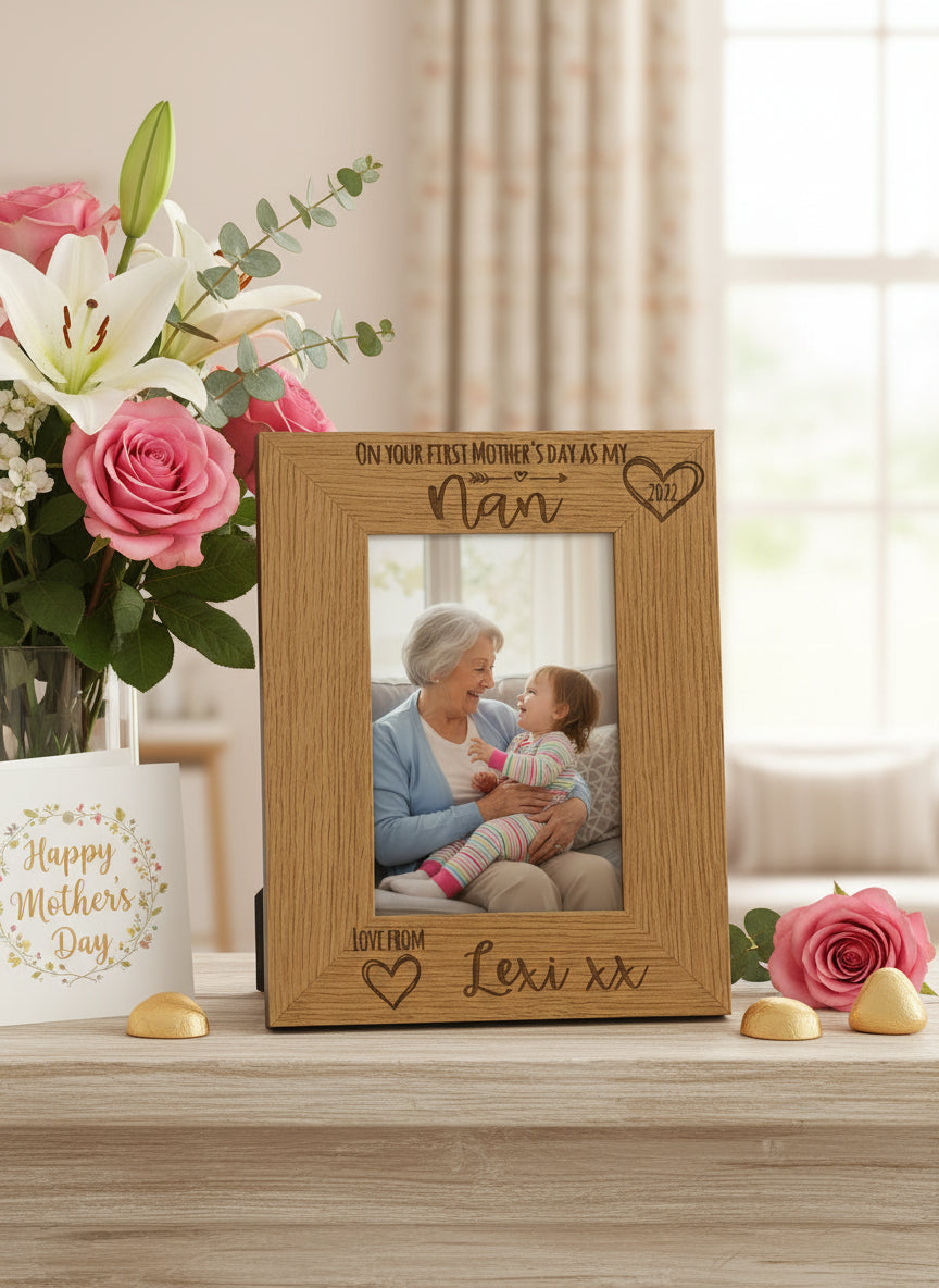 Personalised First Mothers Day as a Nan Engraved Photo Frame Portrait Photo Frame ukgiftstoreonline 4 x 6 Inch